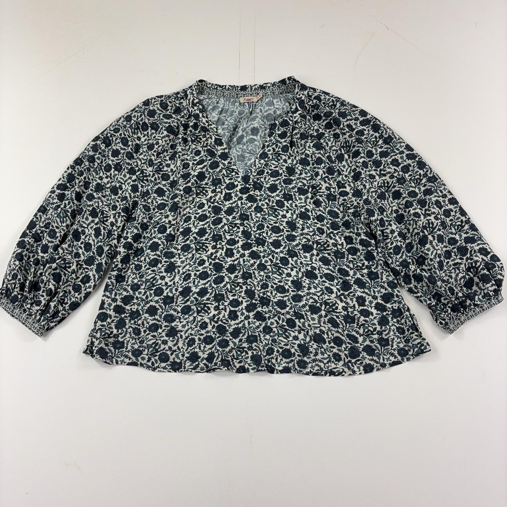 Faherty Blouse Womens M Blue Floral V-Neck 3/4 Balloon Sleeve Lightweight Top